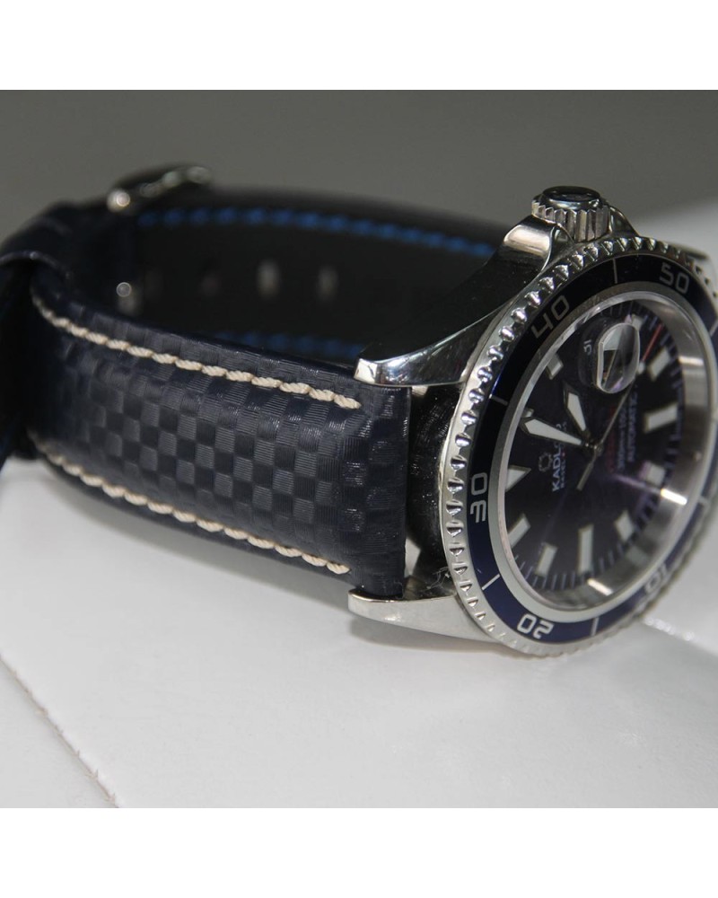 Watchstrap Hirsch Carbon Blue 18mm white stich