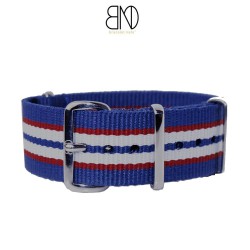 Bracelet NATO 20mm rayures fines bleu blanc rouge