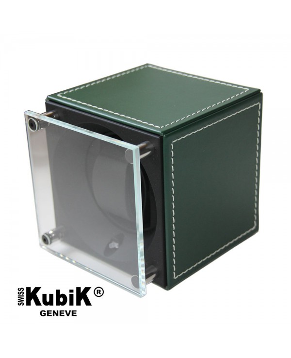 Watchwinder Swiss Kubik Single Green Leather white stiches Watchwinder Swiss Kubik Single Green Leather white stiches
