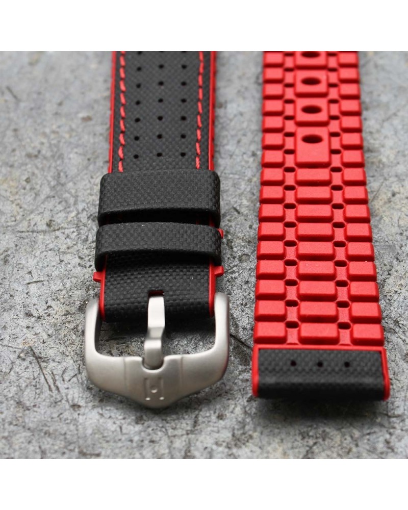 Bracelet Hirsch ROBBY Caoutchouc Rouge 22mm Cuir Noir