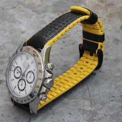 Bracelet Hirsch AYRTON Caoutchouc Jaune 22mm Cuir Carbone