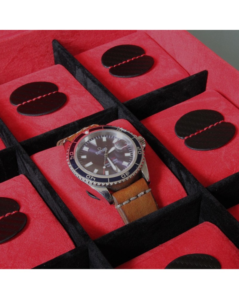 Valise 12 montres Carbon Noir intérieur Rouge