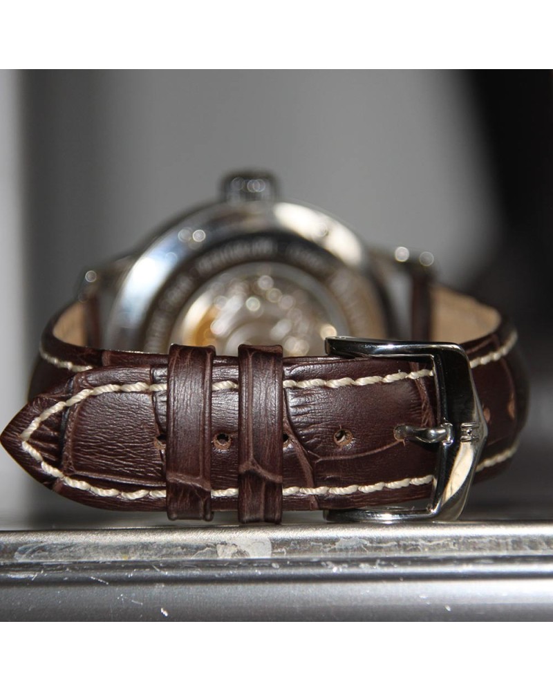 Watchstrap Hirsch Modena Dark Brown18mm white stiches