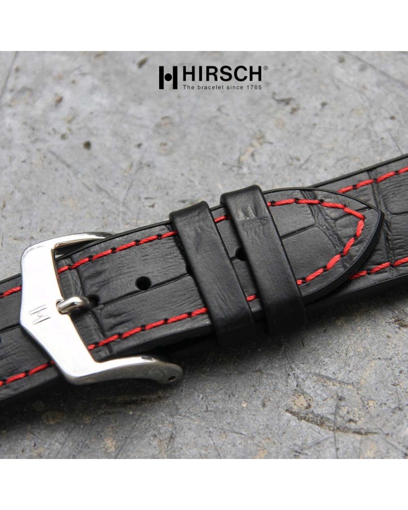 Watchstrap Hirsch GEORGE black and red stich 20mm on black rubber
