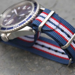 Bracelet NATO 20mm rayures fines bleu blanc rouge