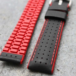 Bracelet Hirsch ROBBY Caoutchouc Rouge 22mm Cuir Noir