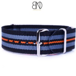 Bracelet NATO 20mm noir gris filet orange