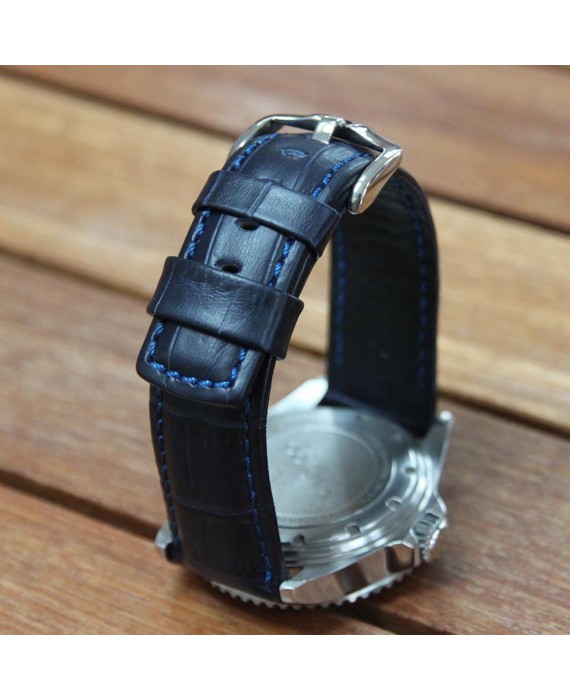 Bracelet Montre Cuir Noir Rembourré - Largeurs 18/20/22/24mm, Couture Bleue, Unisexe - Watchband Berlin