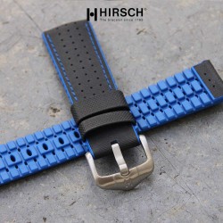 Bracelet Hirsch ROBBY Caoutchouc Bleu 20mm Cuir Noir