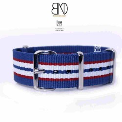 Bracelet NATO 20mm rayures fines bleu blanc rouge