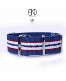 Bracelet NATO 20mm rayures fines bleu blanc rouge