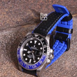 Bracelet Hirsch AYRTON Caoutchouc bleu 20mm Cuir Carbone