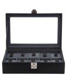 Coffret 10 Montres Vitré en Cuir Noir