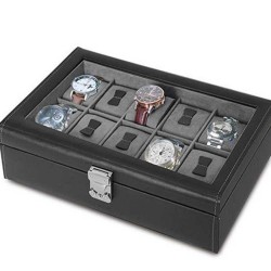 Coffret 10 Montres Vitré en Cuir Noir