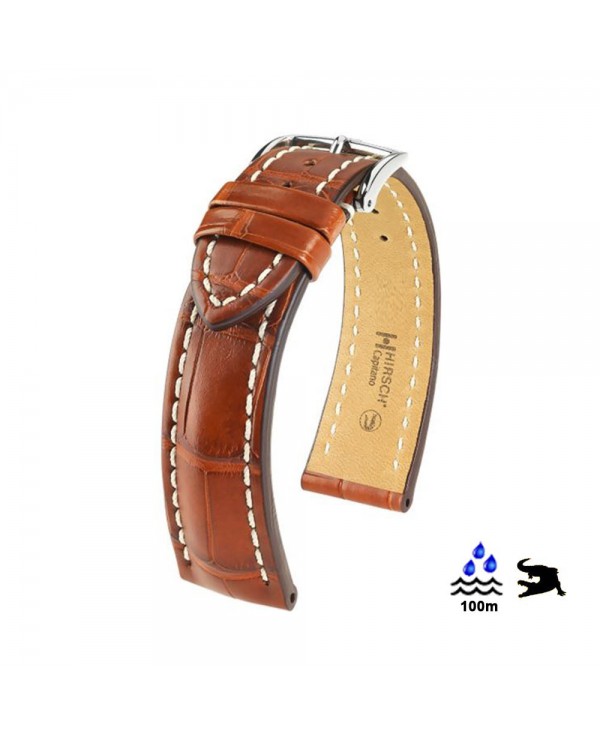 Bracelet Montre HIRSCH, Cuir Italien Marron Miel Gaufrage Alligator