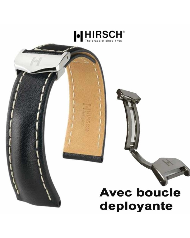 Bracelet Hirsch NAVIGATOR noir 20mm avec boucle deployante inox