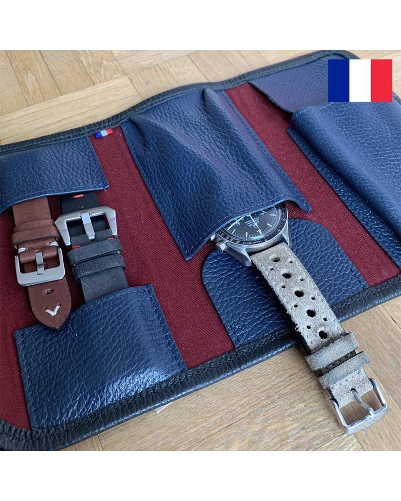 Leather pouch for 2 watches Grandval Blue