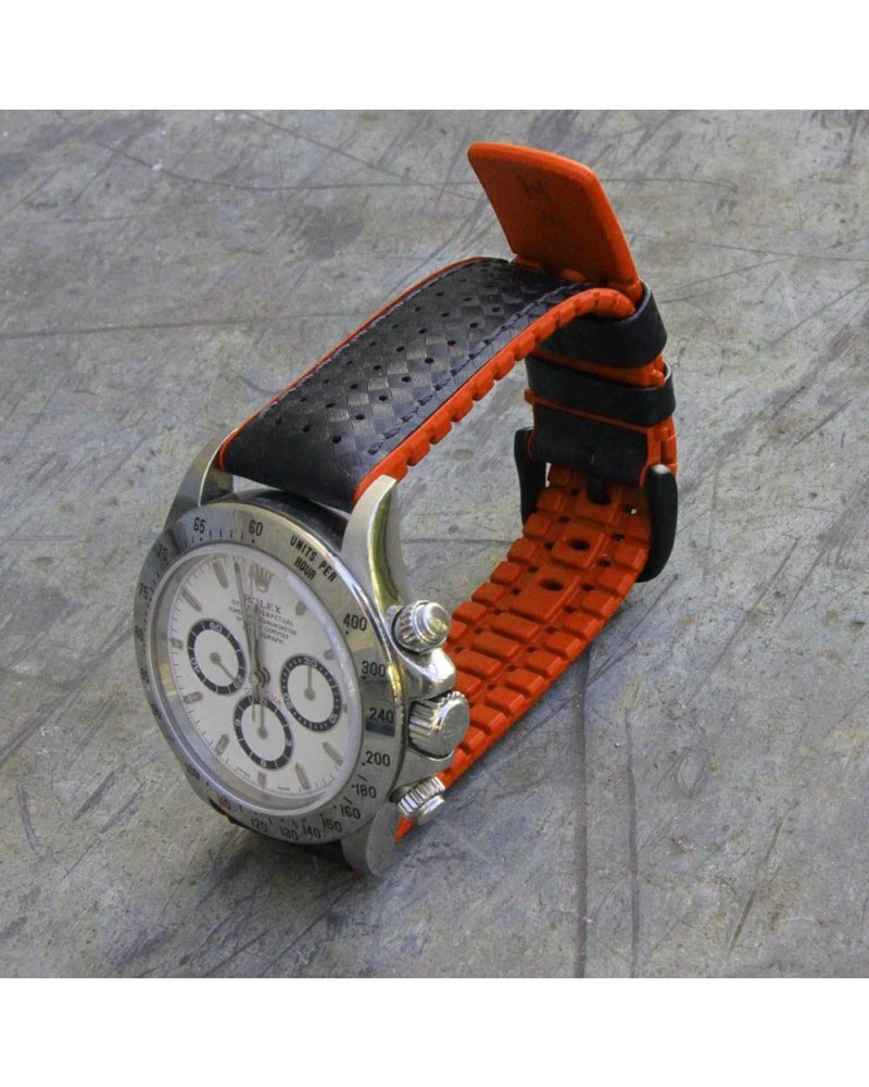 Bracelet Hirsch AYRTON orange 20mm Cuir Carbone