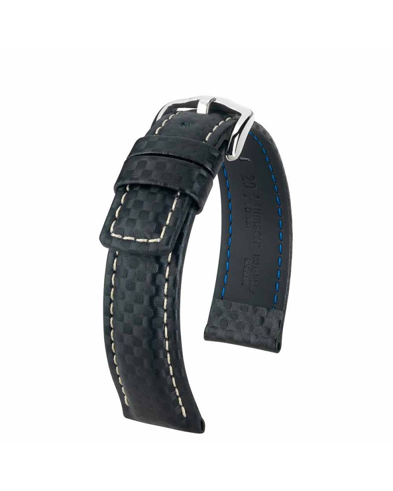 Watchstrap Hirsch Carbon Black white stiches 20mm