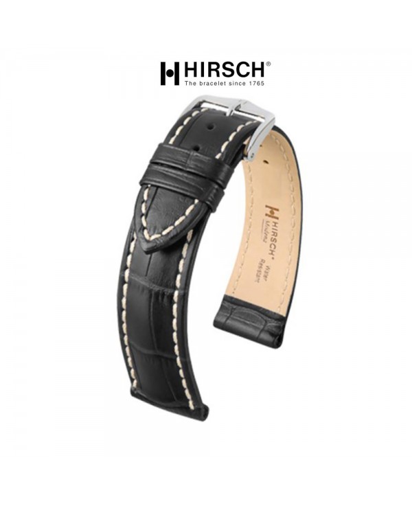 Bracelet Hirsch Modena Noir 18mm couture blanche