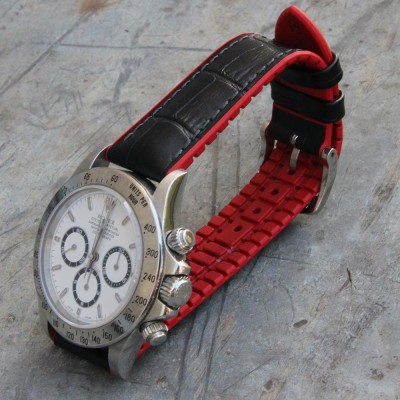 Bracelet Hirsch Andy Caoutchouc Rouge 22mm Cuir Noir