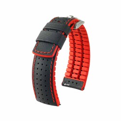 Bracelet Hirsch ROBBY Caoutchouc Rouge 22mm Cuir Noir