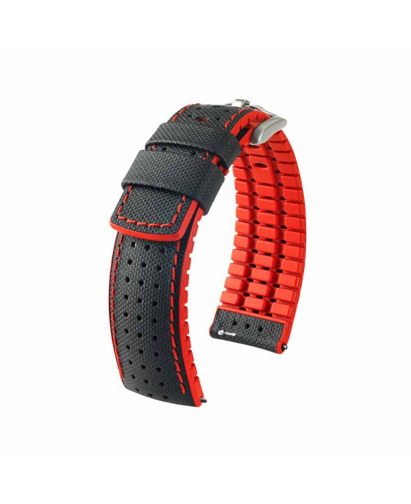 Bracelet Hirsch ROBBY Caoutchouc Rouge 22mm Cuir Noir