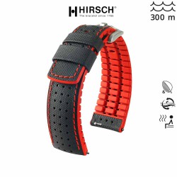 Bracelet Hirsch ROBBY Caoutchouc Rouge 22mm Cuir Noir