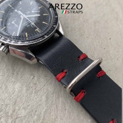 bracelet nato montre cuir noir couture rouge 20mm