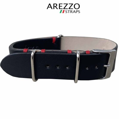 Bracelet NATOSCAN Arezzo Cuir noir couture rouge 20mm