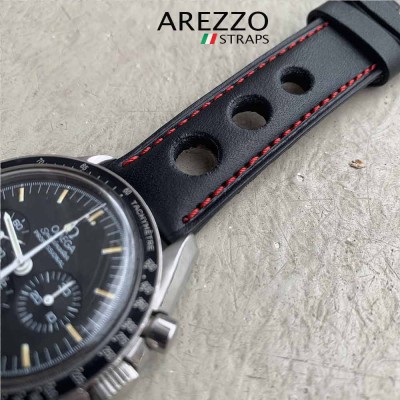 Bracelet Rallye MONZA 20mm black leather red stich AREZZO
