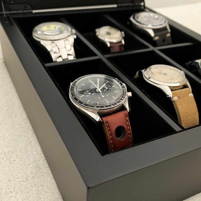 Watchbox mat black with glasstop for 6 watches