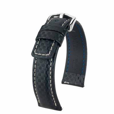 Watchstrap Hirsch Carbon Black white stiches 18mm