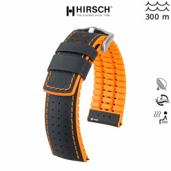 Bracelet Hirsch ROBBY Caoutchouc orange 22mm Cuir Noir