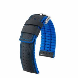 Bracelet Hirsch ROBBY Caoutchouc Bleu 20mm Cuir Noir