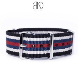 Bracelet NATO 20mm rayures fines noir bleu blanc rouge