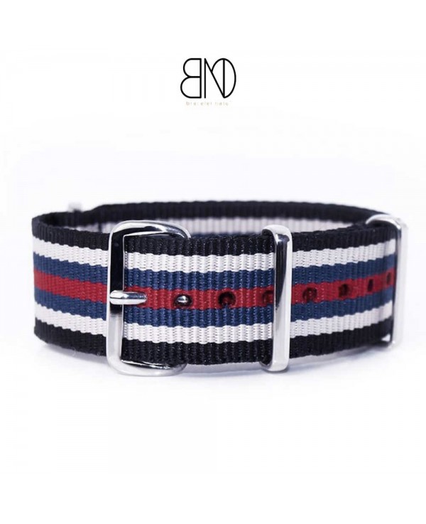 Bracelet NATO 20mm rayures fines noir bleu blanc rouge