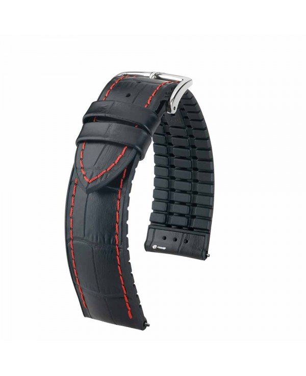 Watchstrap Hirsch GEORGE black and red stich 20mm on black rubber