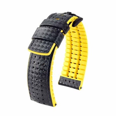 Bracelet Hirsch AYRTON Caoutchouc Jaune 22mm Cuir Carbone