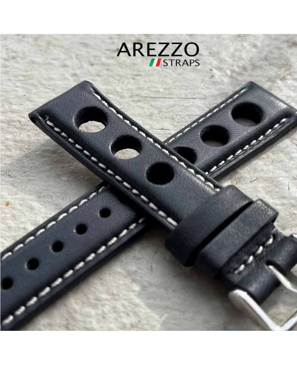 Bracelet Montre Rallye En Cuir Noir Grain De Buffle - 18 à 24mm - Compatible Rolex, Seiko, Omega, Etc.