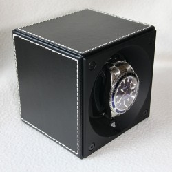 Watchwinder Swiss Kubik Single black Leather white stiches