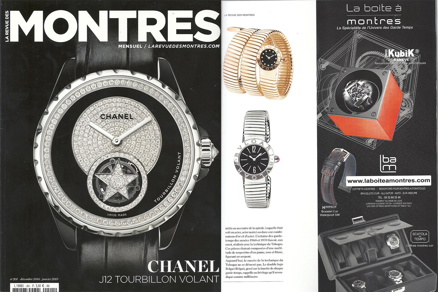 Campagne laboiteamontres cosignee Swiss Kubik Scatola del Tempo et Hirsch La Revue des Montres n 201 decembre 2014
